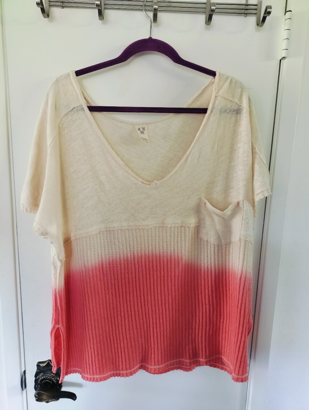 We The Free Free People Dip-Dye Thermal Short Sleeve Top Large Ivory Coral